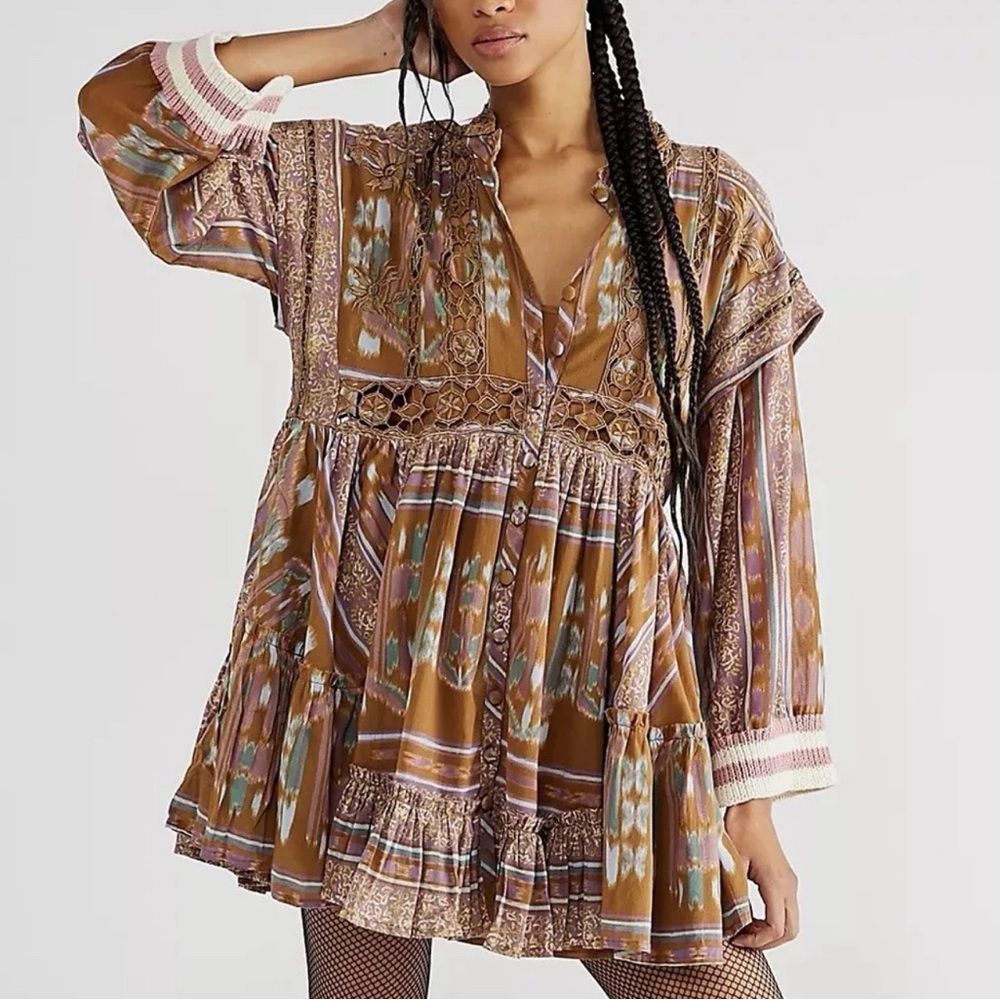 Free People Augustine Dress Crochet Lace Ruffled KnitCuff Tan Aqua XS Boho